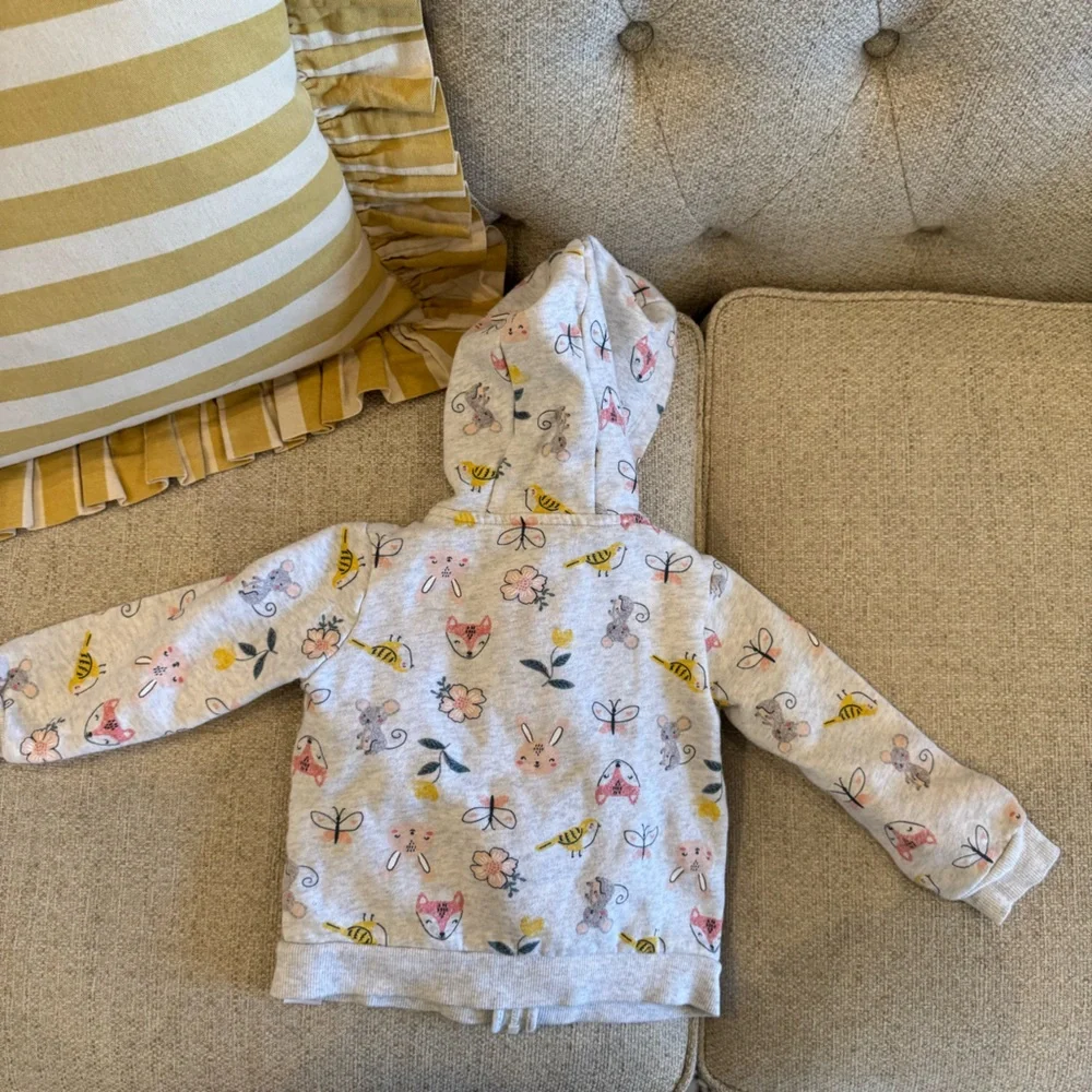 Kids Hooded Zip Jacket - Light Heather Gray with Floral & Animal Print
